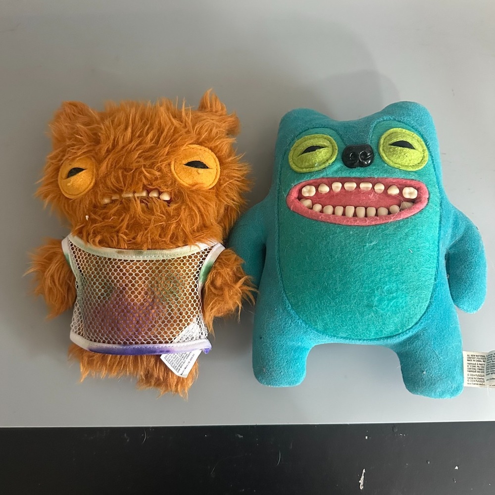 Fuggler Funny Ugly Monster Plush Lot of 2 Orange Shaggy Teal Blue Tooth Monster